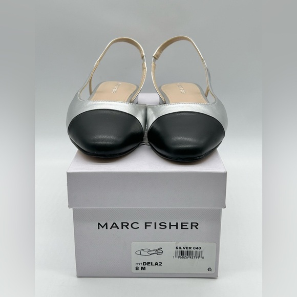 Marc Fisher DELA2 Silver & Black Cap Toe Slingback Flats Women’s 8M New with Box